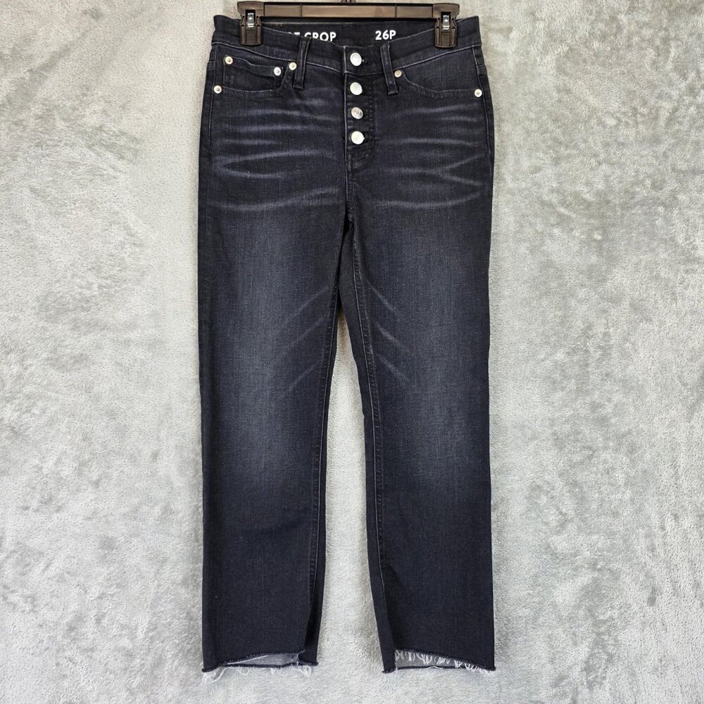J Crew Demi Boot Crop Jeans Womens 26 Petite Black High Rise Raw Hem Stretch